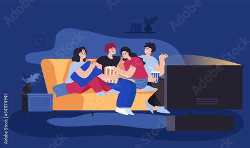 Friends watching horror at home flat vector illustration. Men and women sitting on sofa, watching scary movie or TV at night. Group of people relaxing together. Entertainment, friendship concept