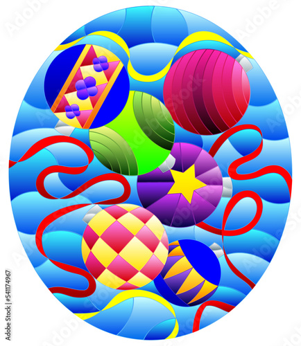 Illustration in stained glass style with still life of new year toys and serpentine, oval image