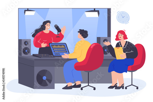 People recording song in studio flat vector illustration. Sound engineers working with presenter, producer sitting at desk and working on mixing console. Music production concept