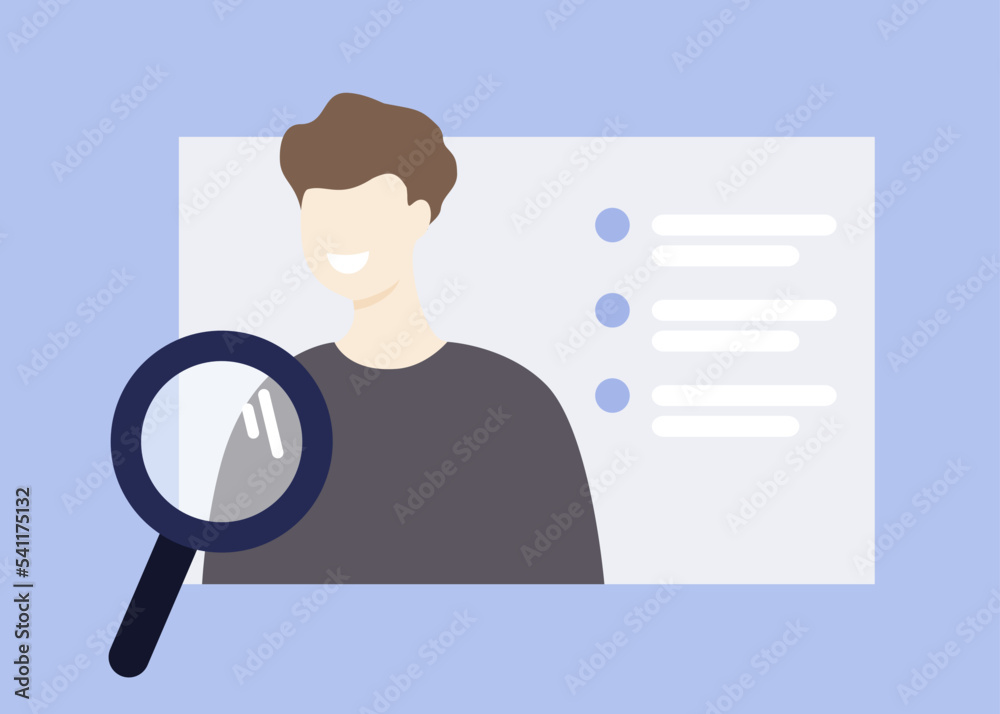 Man avatar profile photo with personal data information and Magnifier. Company recruitment, identity document, cv, interview application form concept. Flat vector cartoon design illustration.