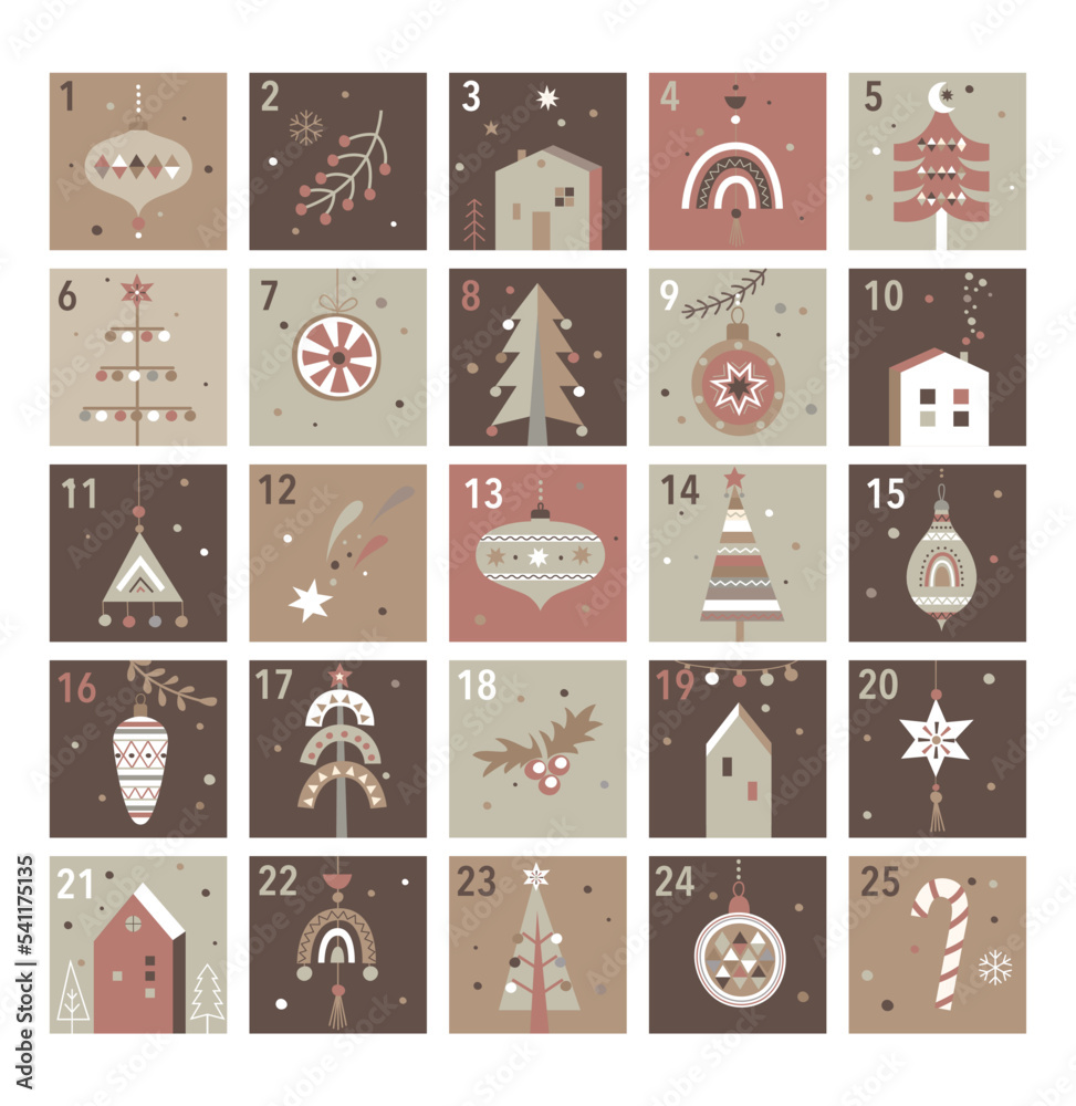 Christmas advent calendar in terracotta colors with hand drawn christmas elements for kids. Christmas trees, balls, houses and baubles for design calender. Xmas isolated cozy decor elements.Vector. Christmas advent calendar in terracotta colors with hand drawn christmas elements for kids. Christmas trees, balls, houses and baubles for design calender. Xmas isolated cozy decor elements.Vector.