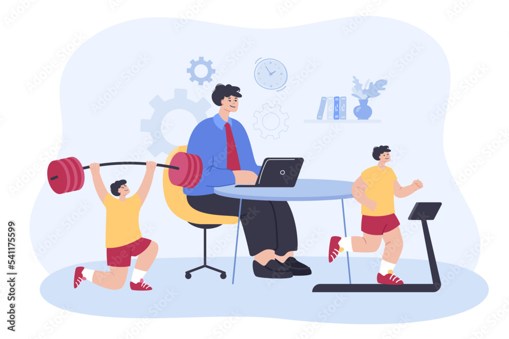 Businessman working and doing exercises at workplace. Man in official suit sitting at table, looking at laptop screen, jogging on treadmill flat vector illustration. Sport, healthy lifestyle concept