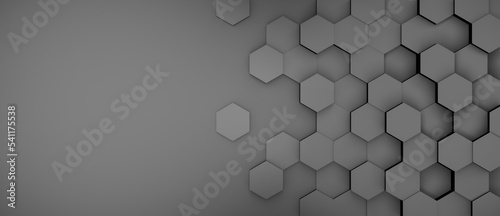 Panoramic hexagonal background with metallic gray hexagons, abstract futuristic geometric backdrop or wallpaper with copy space for text