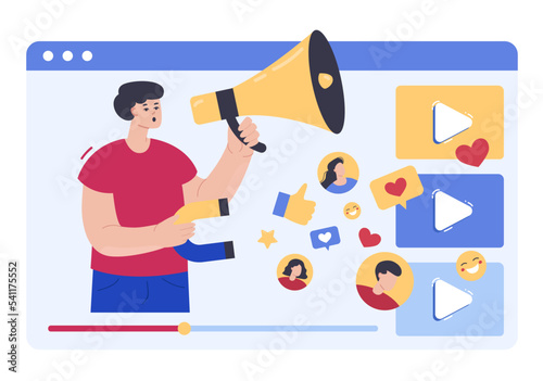 Influencer attracting new followers and likes in social media. Success strategy of digital marketing campaign for man with magnet and megaphone flat vector illustration. Influence, network concept
