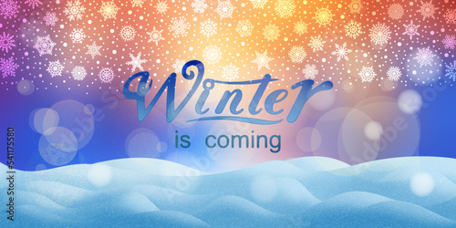 Fotografie Winter is coming, vector background, holiday greeting, drifts and snowflakes, ve