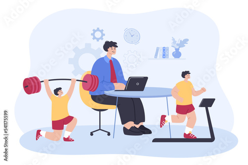 Businessman working and doing exercises at workplace. Man in official suit sitting at table, looking at laptop screen, jogging on treadmill flat vector illustration. Sport, healthy lifestyle concept