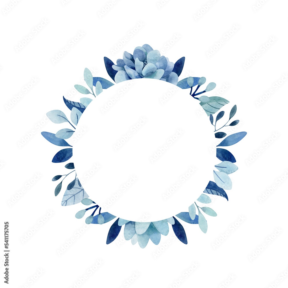 Watercolor round frame with blue rose, succulent and greenery clipart for greeting cards and wedding invitations. Romantic gentle template with indigo blue flowers, branches and leaves. Watercolor round frame with blue rose, succulent and greenery clipart for greeting cards and wedding invitations. Romantic gentle template with indigo blue flowers, branches and leaves.