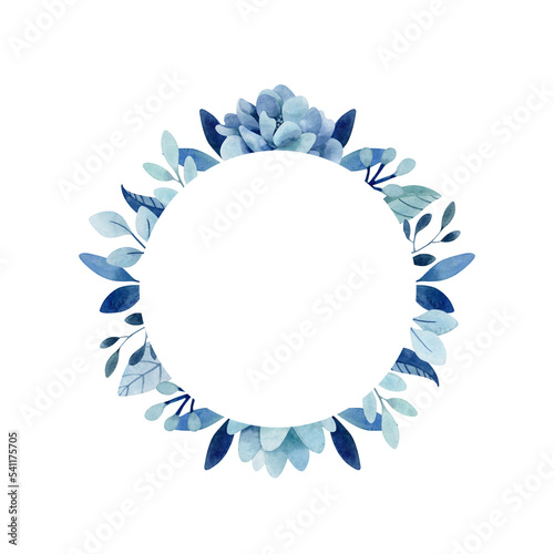 Watercolor round frame with blue rose, succulent and greenery clipart for greeting cards and wedding invitations. Romantic gentle template with indigo blue flowers, branches and leaves.