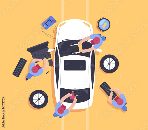 Repair and maintenance of car by team of mechanics. Male professional auto service workers working on garage station, top view flat vector illustration. Automobile diagnostics, teamwork concept
