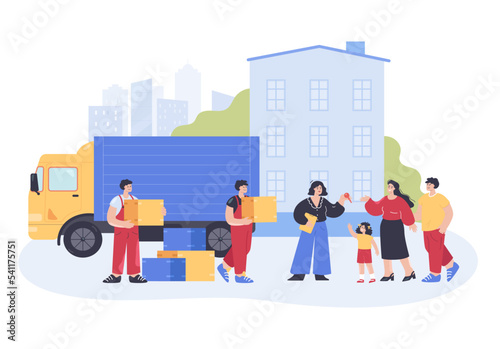 Happy family moving to new home. Woman giving apartment key, delivery service workers carrying boxes with things and furniture from truck flat vector illustration. Relocation, real estate concept
