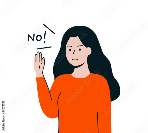 Young woman raising hand Gesture. Girl showing sign of rejection. Refusal, denial, stop and negation concepts. Flat design cartoon character vector design isolated illustrations. photo