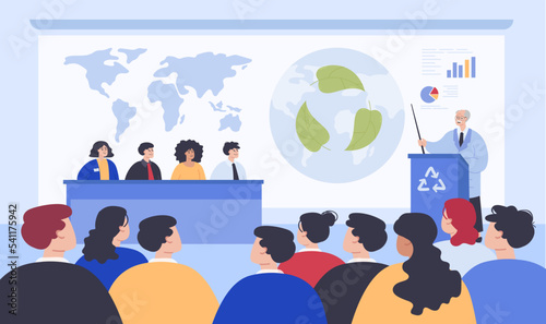 Speakers speech at conference on environmental protection. Man standing on tribune, speaking to audience and press about global climate issues flat vector illustration. Eco forum, presentation concept