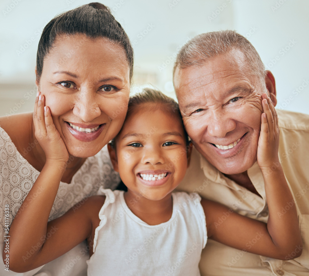 Family, portrait and face of girl with grandparents relax, bond and having fun in a living room, happy and content. Happy family, smile and child hugging senior man and woman, enjoy quality time