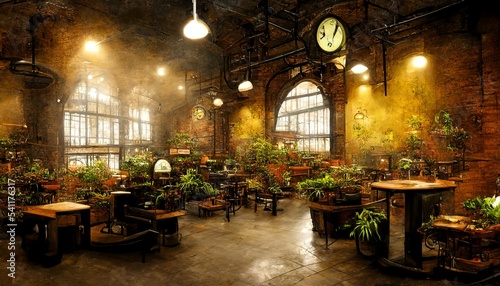 Steampunk railway station with cozy lights interior illustration