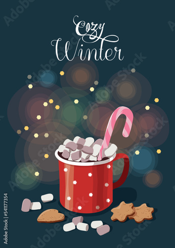 Winter hot chocolate red cup marshmallow. Cozy winter lettering. Christmas greeting card design element.