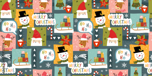 Colorful christmas seamless pattern, cute characters and decoration, great for wrapping paper, textiles, banners, wallpapers - vector design