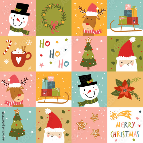 Colorful christmas seamless pattern, cute characters and decoration, great for wrapping paper, textiles, banners, wallpapers - vector design