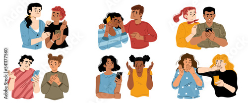 Sad people receive bad news, feel sorrow, stress and anxiety. Diverse characters looking at mobile phone in shock and support each other isolated on white background, vector hand drawn illustration