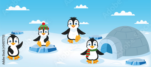 Set of penguins in different positions and ice igloo