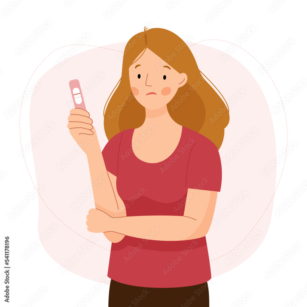 A young woman is holding a negative pregnancy test. The girl is upset, depressed. Vector flat illustration. A young woman is holding a negative pregnancy test. The girl is upset, depressed. Vector flat illustration.