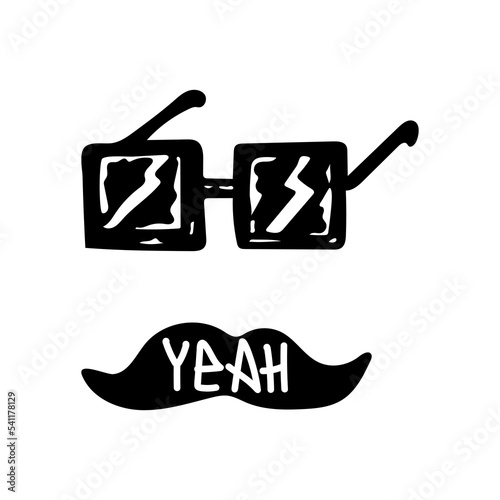 Square glasses with highlights and a mustache that says Yeah. Vector illustration for print on textile, paper, for poster, sticker, postcard design, t-shirt design.