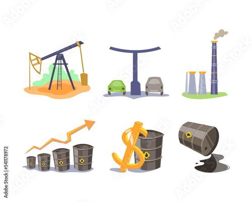 Petroleum or Crude Oil Industry with Black Liquid in Metal Tank and Drilling Station Vector Set