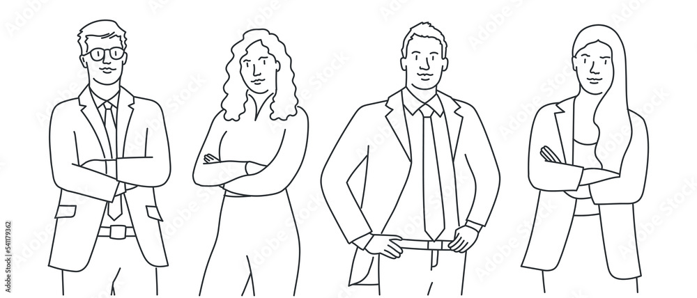 Men and a women, a group of standing business people.