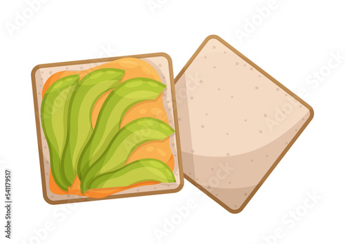 A juicy sandwich with gravy and avocado. Vector illustration of a snack at work, at school. Nourishing lunch. Useful. 