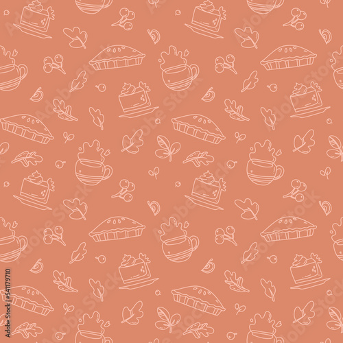 Seamless pattern with hot drink and cake outline. Hand drawn illustration. © Anastasia Teriohina