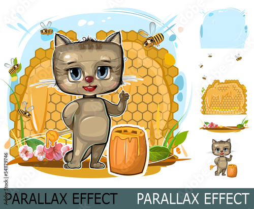 Honey. Little cat in cartoon style on background of honeycombs, flowers, Young cheerful kitty beekeeper. Image from layers for overlay with parallax effect. Isolated object on white. Vector.