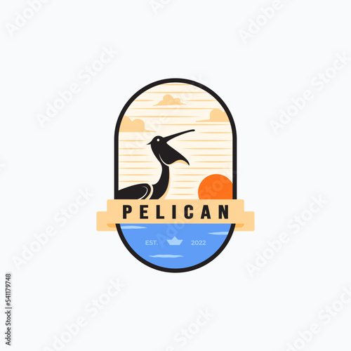 Vintage colorful pelican badge vector illustration design. Minimalist pelican label illustration concept. Pelican on the ocean sunset vibes.