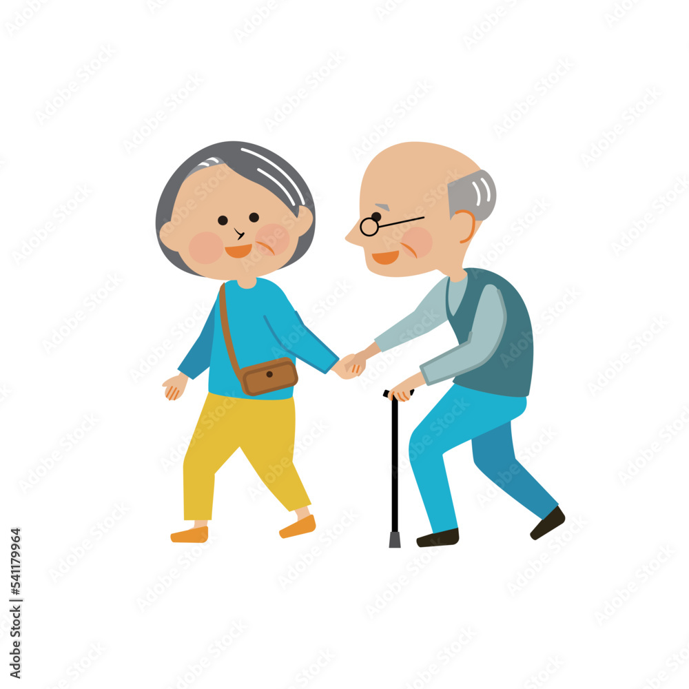 手を繋いで歩く老夫婦のイラスト素材