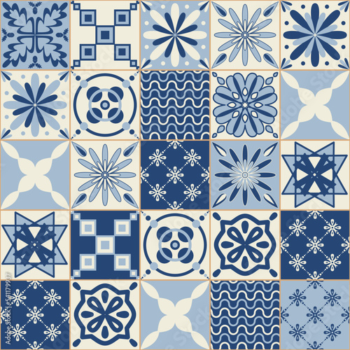 Blue indigo flower pattern on ceramic tiles, vector illustration for design