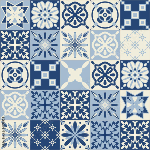 Ceramic tiles for wall decoration, blue indigo monochrome color, stylish vector illustration for interior design