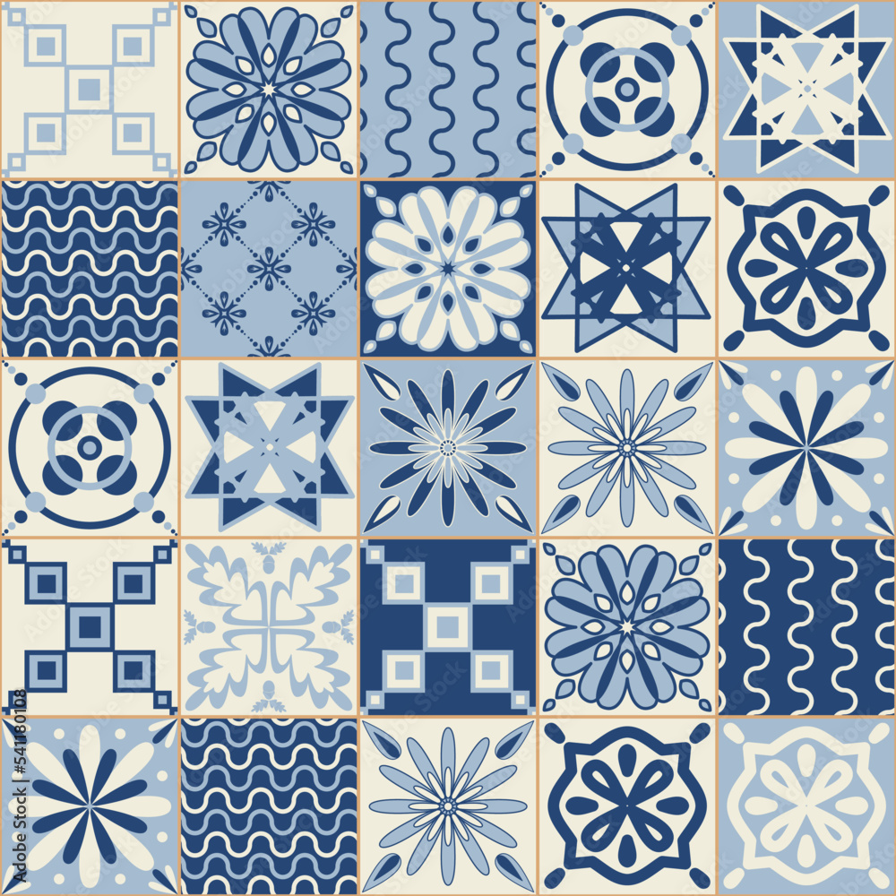Ceramic tiles for wall decoration, blue indigo monochrome color, stylish vector illustration for interior design Ceramic tiles for wall decoration, blue indigo monochrome color, stylish vector illustration for interior design