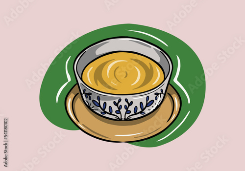 Vector, sketch, cartoon, hand drawn cup of whipped green mathca coffee on a plate. İllustrated design on cup.