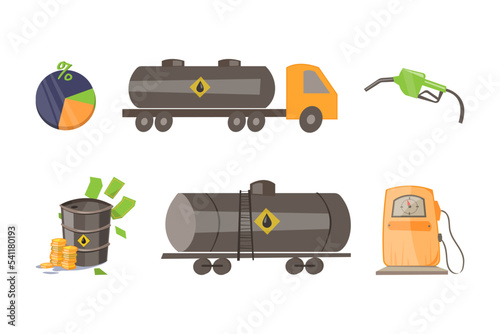 Petroleum or Crude Oil Industry with Black Liquid in Metal Tank and Transport Vector Set