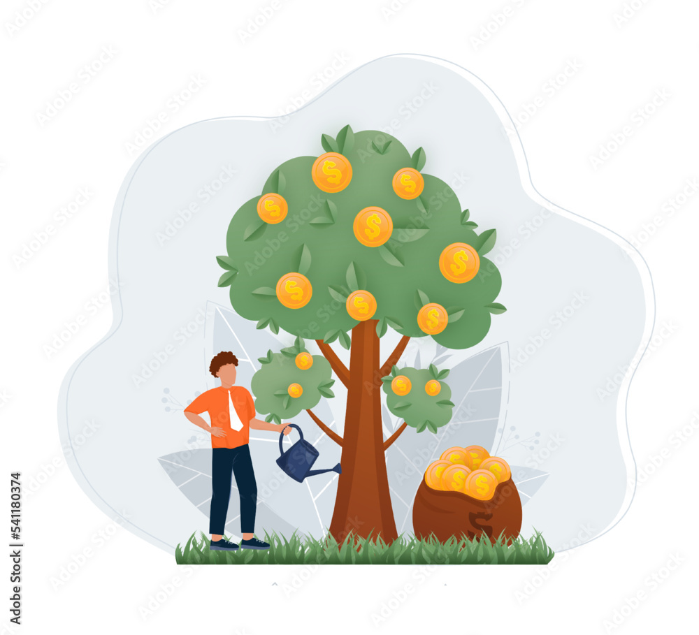 Growing tree with coins. Business investment profit flat vector illustration. Vector illustration Growing tree with coins. Business investment profit flat vector illustration. Vector illustration