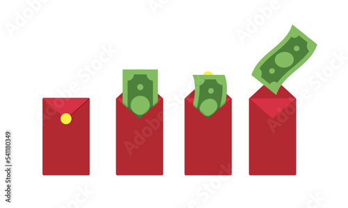 Lucky money clipart vector design illustration. Green banknote paper bills pack in red envelope lucky money flat icon cartoon style. Tet, Asia Lunar New Year Festival concept