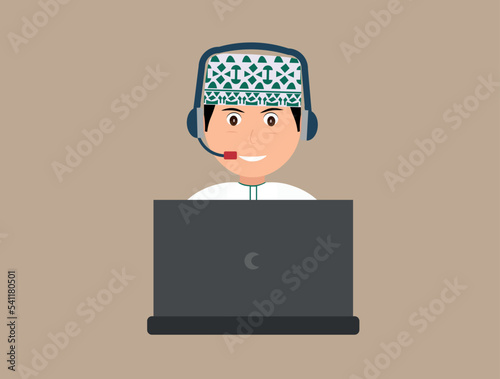 Omani boy using a laptop, Arabic character 