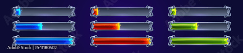 Game progress bars set in blue, red, green colors isolated on background. Cartoon vector illustration of vintage metal frames with loading process, remaining time, resources scale. Ui design elements