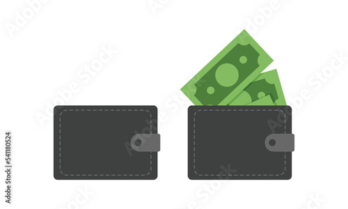 Money wallet clipart vector design illustration. Simple black wallet with green money dollar inside flat icon cartoon style. Money, banknote, finance, budget, cash, and payment concept