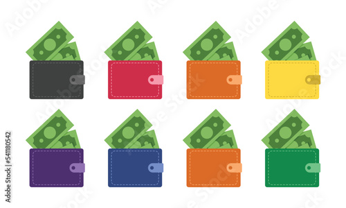 Set of money wallet clipart vector design illustration. Simple colorful wallets with green money dollar inside flat icon cartoon style. Money, banknote, finance, budget, cash, and payment concept