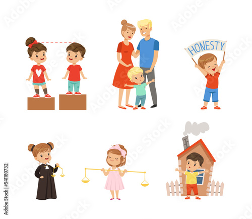 Kind and Fair Little Girl and Boy Character Protecting Home, Holding Scales and Honesty Banner Vector Illustration Set