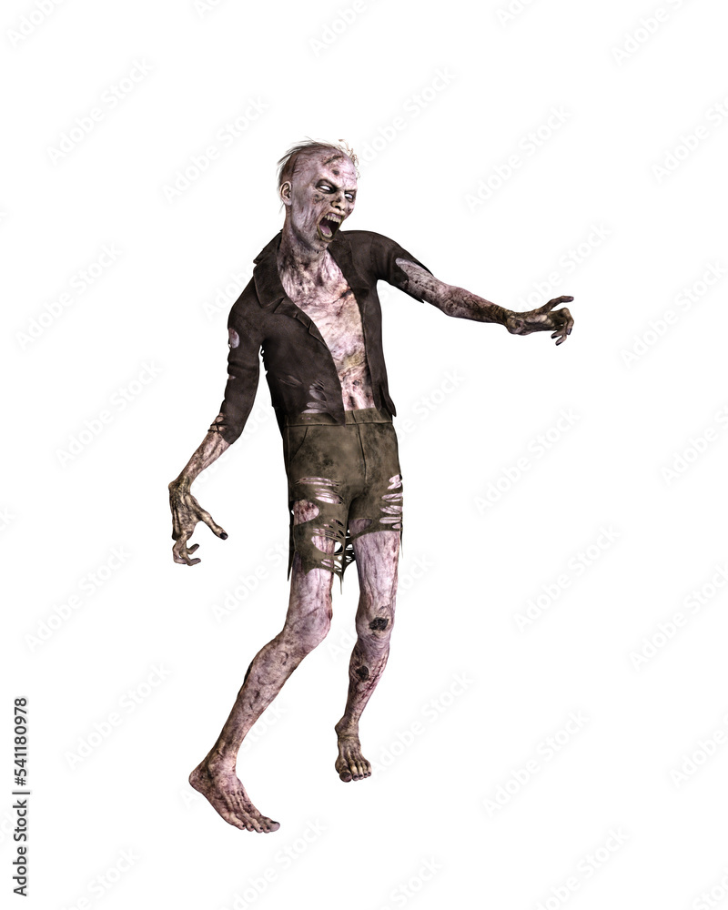 Zombie man lurching sideways. 3d illustration isolated on transparent background.