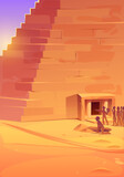 Egypt pyramid in desert and people group silhouettes at doorway. Egyptian architecture and tourists or archeologists characters discover ancient civilization in Sahara, Cartoon vector illustration