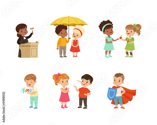 Kind and Fair Little Girl and Boy Character Sharing Apple and Umbrella, Wearing Shield and Cape Protecting Weak Vector Illustration Set