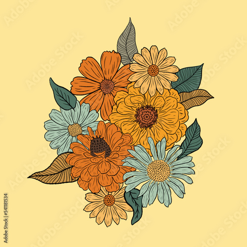 Retro Groovy Flower Bouquet. Floral vector print with daisy, cynia. Botanical boho poster in warm colors. Vintage design with flowers inspired by 70s and groovy hippy. Nostalgia floral illustration.