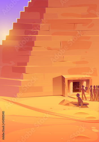 Egypt pyramid in desert and people group silhouettes at doorway. Egyptian architecture and tourists or archeologists characters discover ancient civilization in Sahara, Cartoon vector illustration