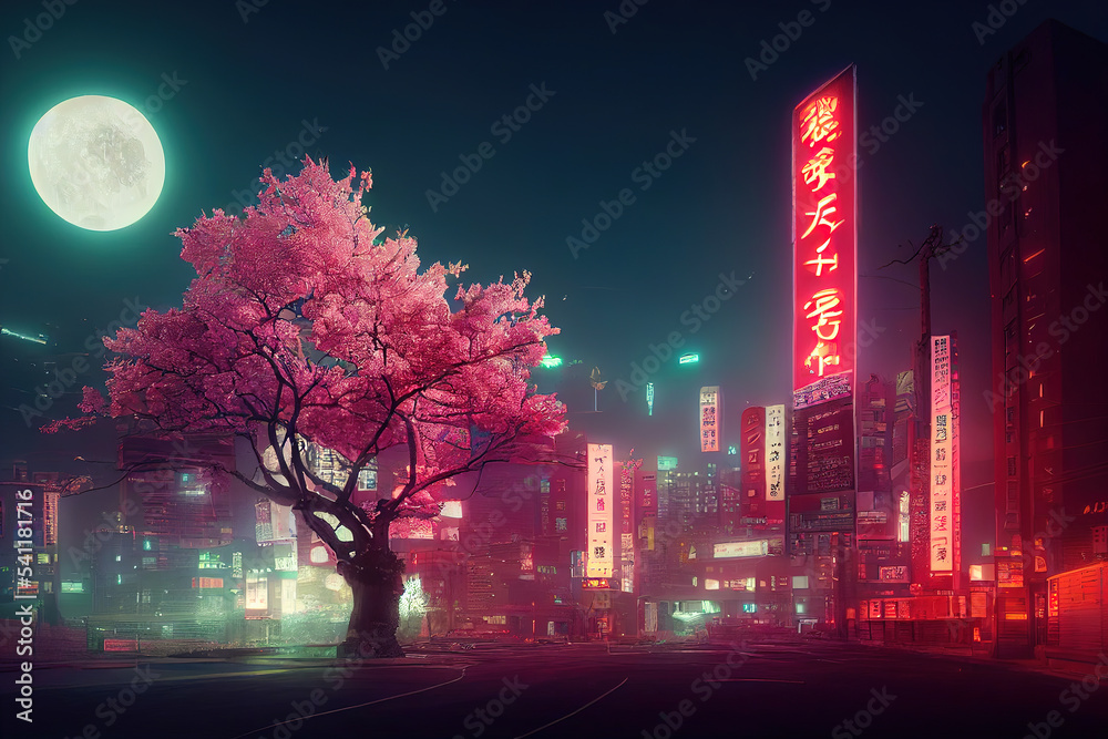 Fototapeta premium Fantasy Japanese night view city citycape, neon light, residential skyscraper buildings, pink cherry sakura tree. Night urban anime fantasy.